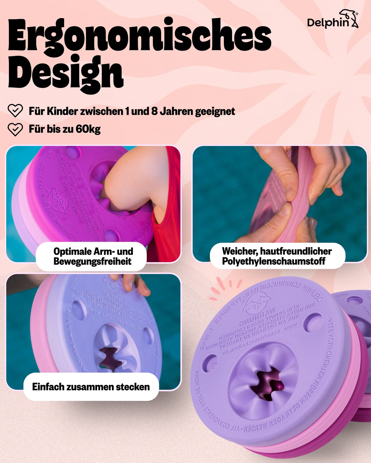 Infografik: pink-lila Schwimmscheiben am Kinderarm, weicher Schaumstoff und zusammensteckbare Scheiben