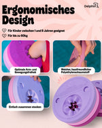 Infografik: pink-lila Schwimmscheiben am Kinderarm, weicher Schaumstoff und zusammensteckbare Scheiben