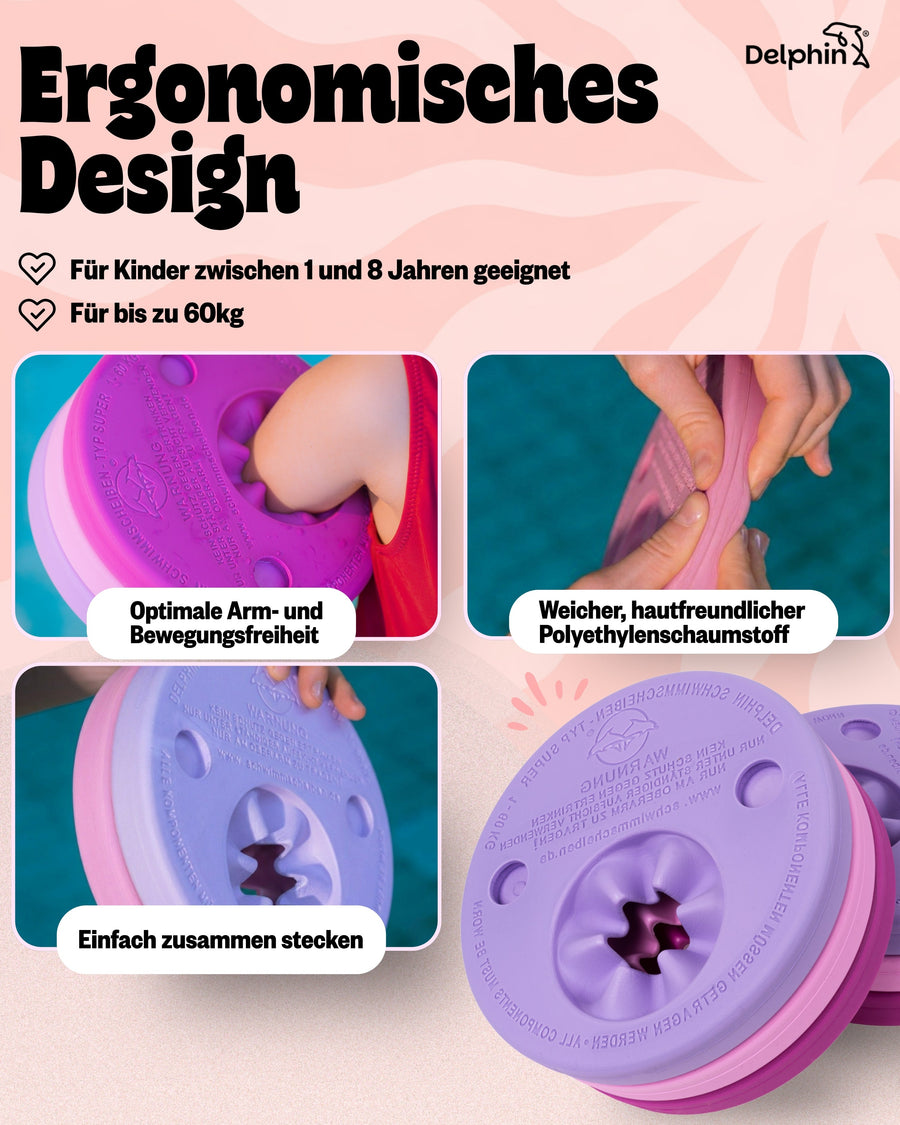 Kind lernt schrittweise mit Delphin Schwimmscheiben schwimmen