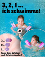 Kind mit pink-lila Schwimmscheiben im Pool; Grafik zeigt drei, zwei oder eine Scheibe je Arm