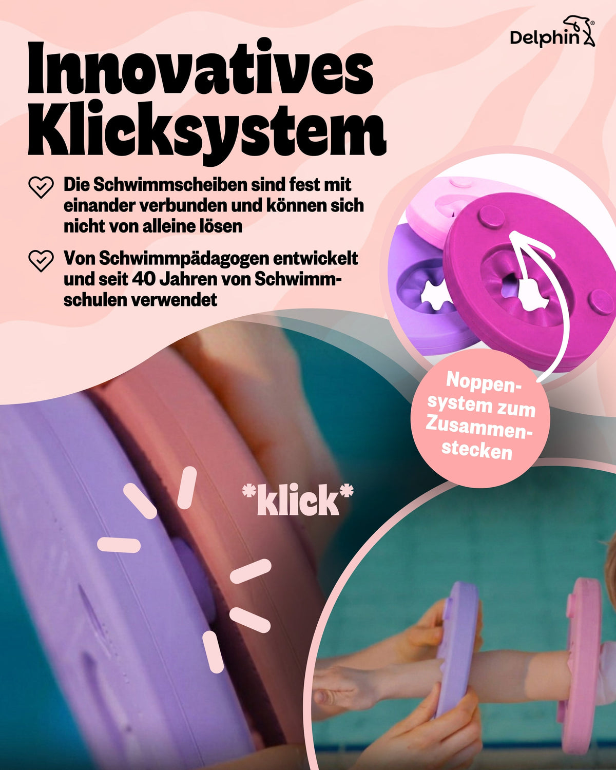 Nahaufnahmen des Klicksystems, mit dem pink-lila Delphin Schwimmscheiben verbunden werden