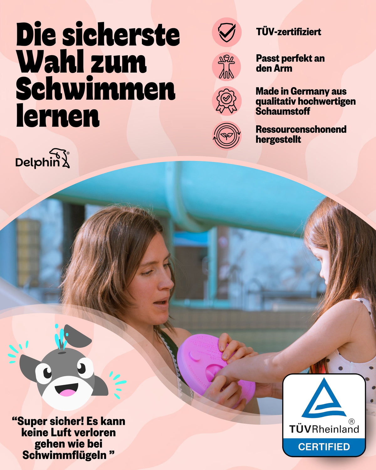 Frau hält eine pinke Schwimmscheibe am Kinderarm; Infografik zeigt TÜV-Siegel und Produkteigenschaften