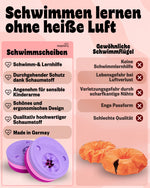 Vergleichsgrafik mit pink-lila Delphin Schwimmscheiben links und orangefarbenen Schwimmflügeln rechts