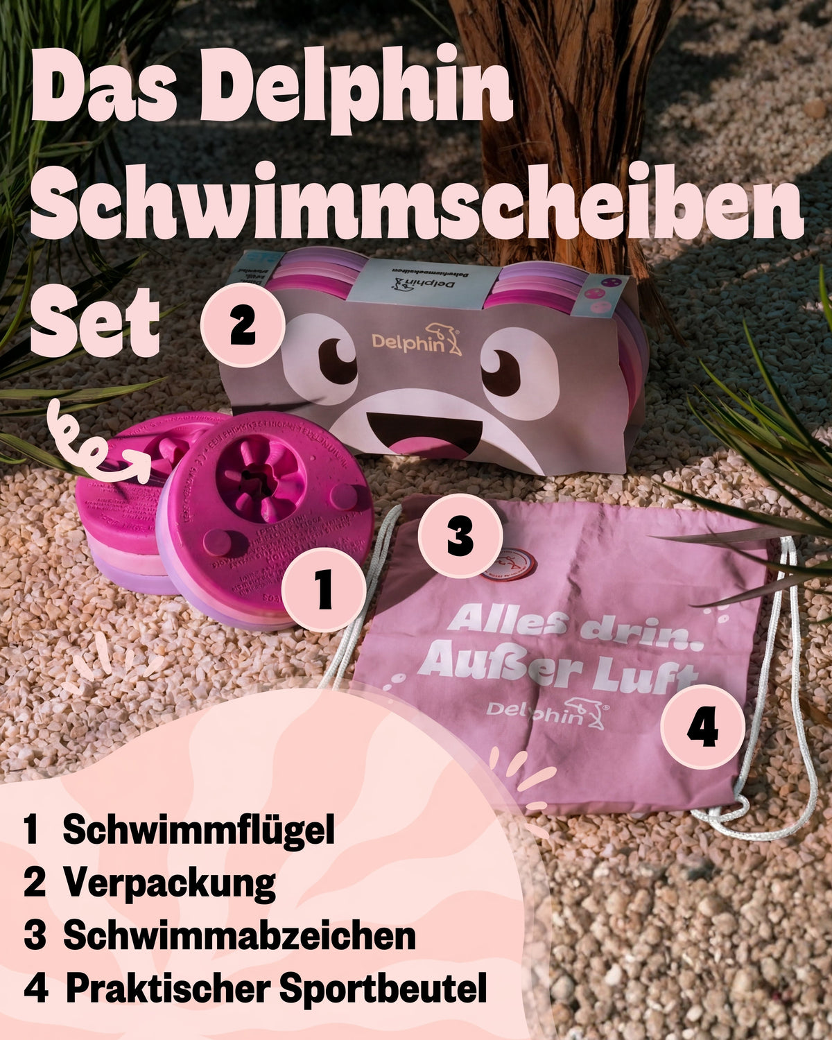 Pink-lila Schwimmscheiben mit Flossi-Verpackung, Schwimmabzeichen und rosa Sportbeutel auf Kies