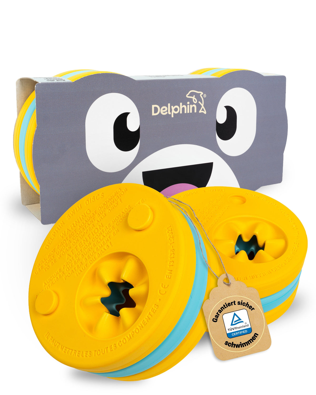 Gelb-türkise Delphin Schwimmscheiben mit Flossi-Verpackung und TÜV-Anhänger vor weißem Hintergrund