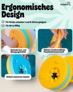 Infografik: gelb-türkise Schwimmscheiben am Kinderarm, weicher Schaumstoff und zusammensteckbare Scheiben