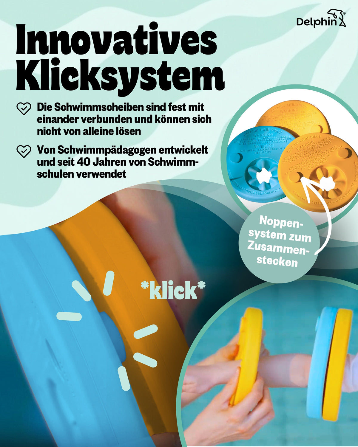 Nahaufnahmen des Klicksystems, mit dem gelb-türkise Delphin Schwimmscheiben verbunden werden