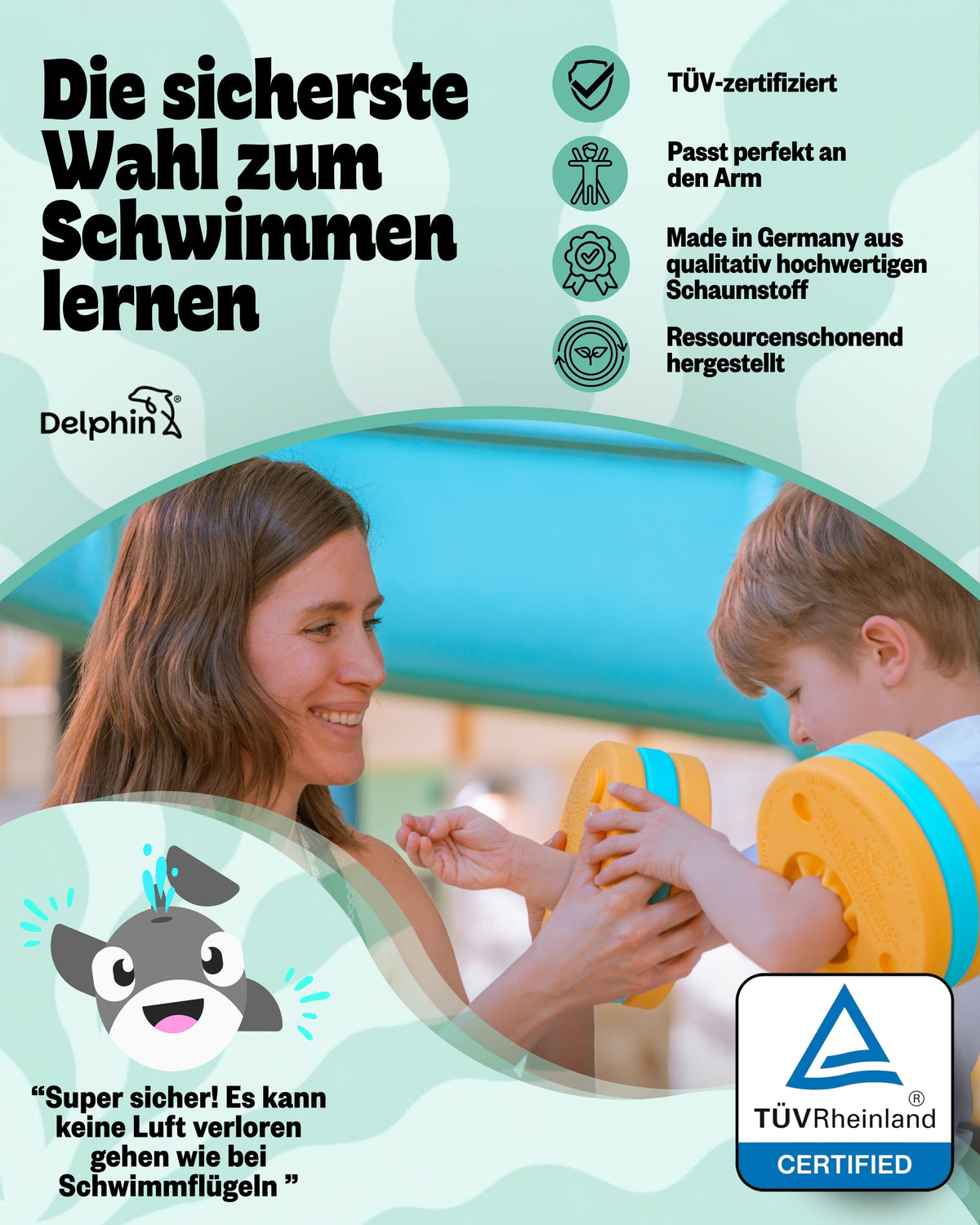 Frau hilft Kind mit gelb-türkisen Schwimmscheiben; Infografik zeigt TÜV-Siegel und Produkteigenschaften