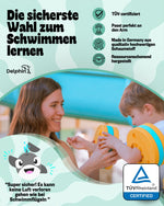 Frau hilft Kind mit gelb-türkisen Schwimmscheiben; Infografik zeigt TÜV-Siegel und Produkteigenschaften
