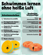 Vergleichsgrafik mit gelb-türkisen Delphin Schwimmscheiben links und orangefarbenen Schwimmflügeln rechts