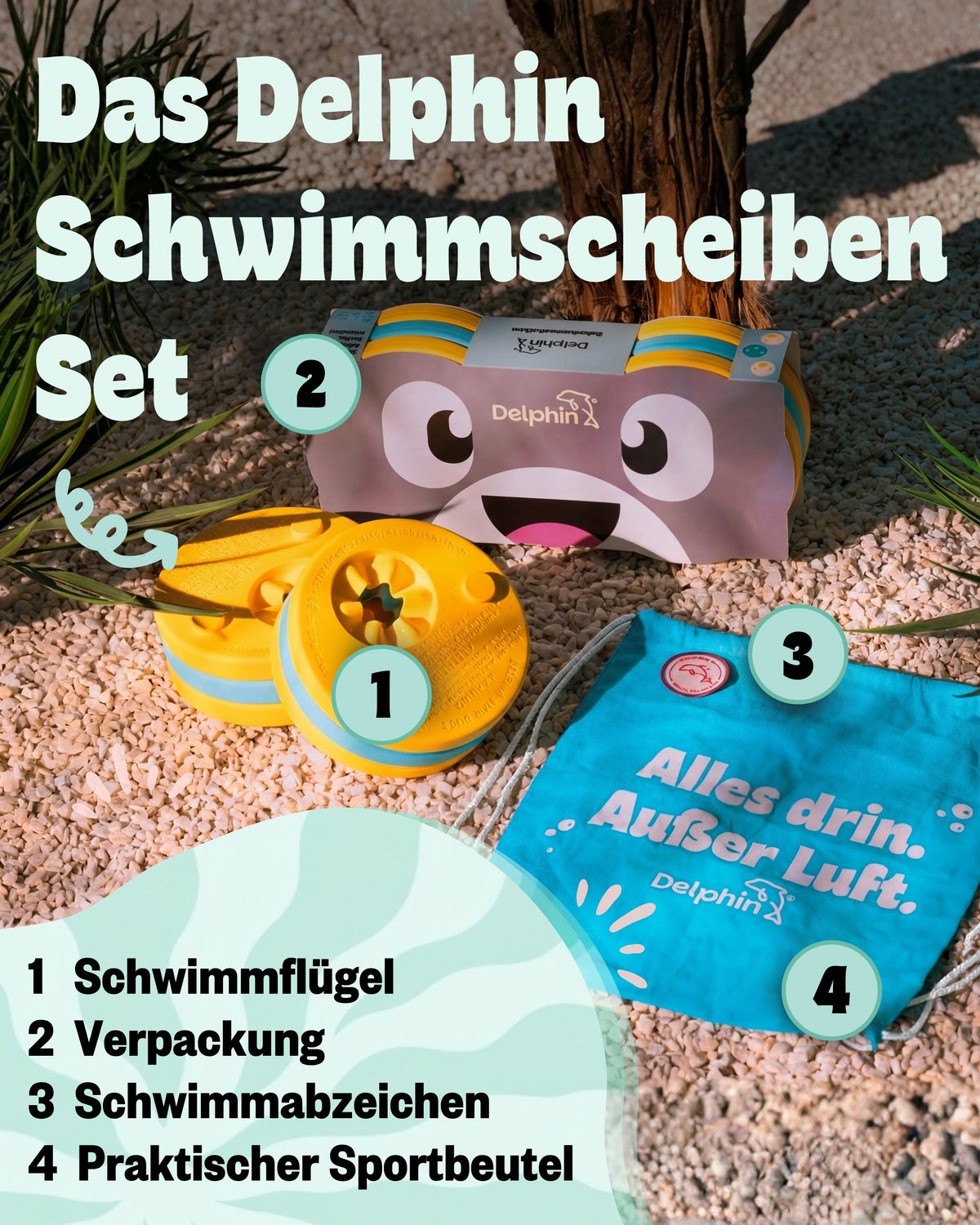 Gelb-türkise Schwimmscheiben mit Flossi-Verpackung, Schwimmabzeichen und türkisem Sportbeutel auf Kies